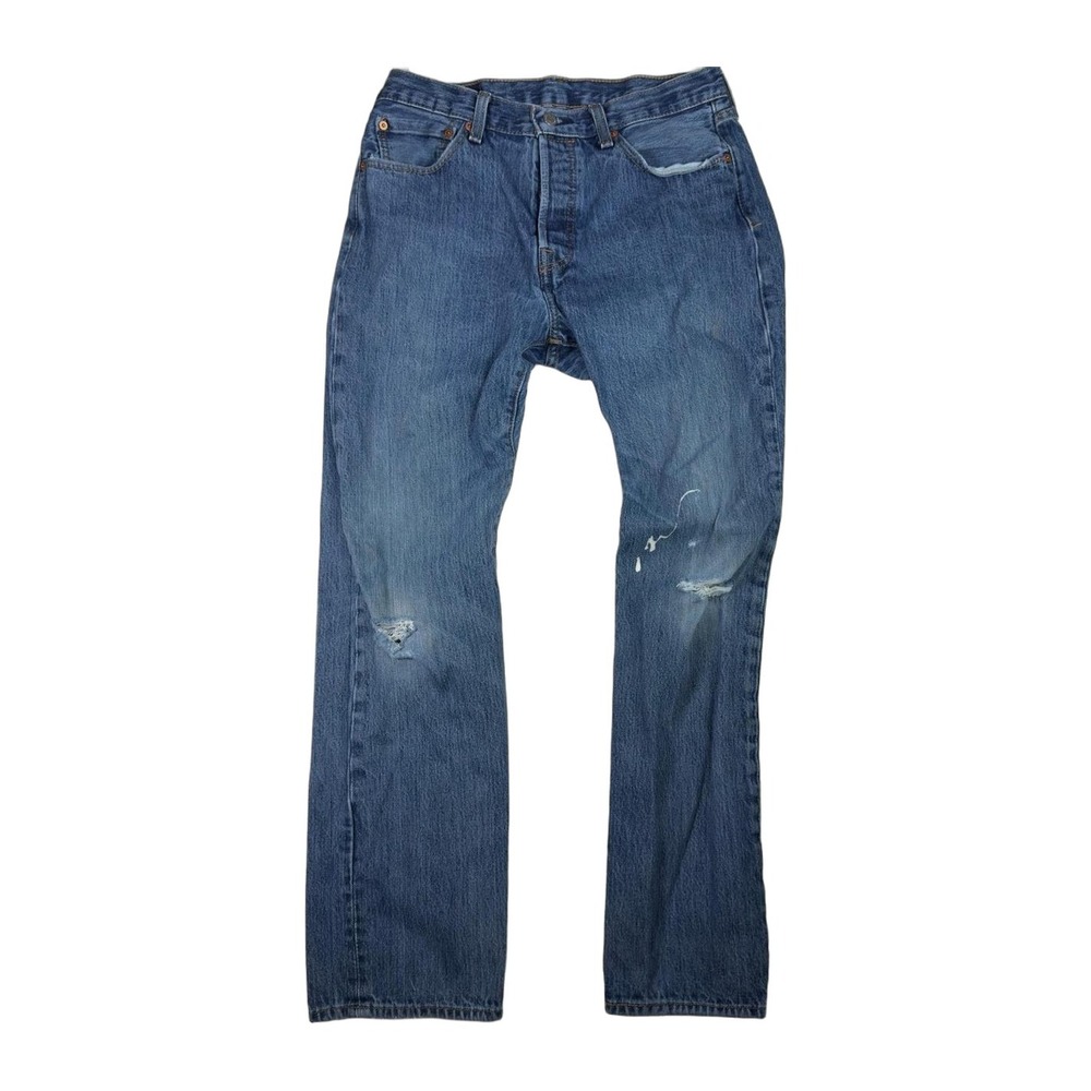 Levi's Straight Jeans 501 Mens W32 L32 Distressed Denim Button Fly Blue Cotton